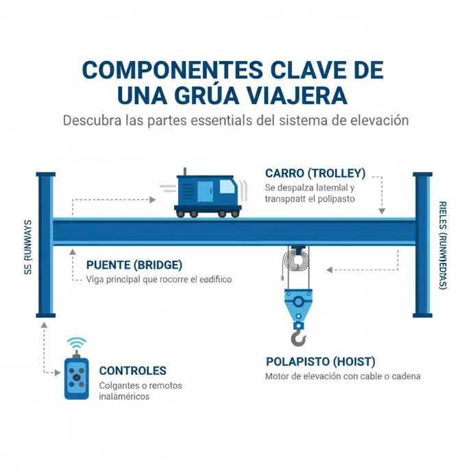 Diagrama mostrando una grúa viajera birriel en un almacén. Se señalan sus componentes principales: puente, carro, polipasto, rieles y controles.