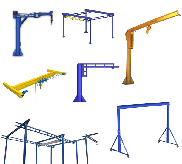 Collage de diferentes sistemas de izaje y grúas industriales.